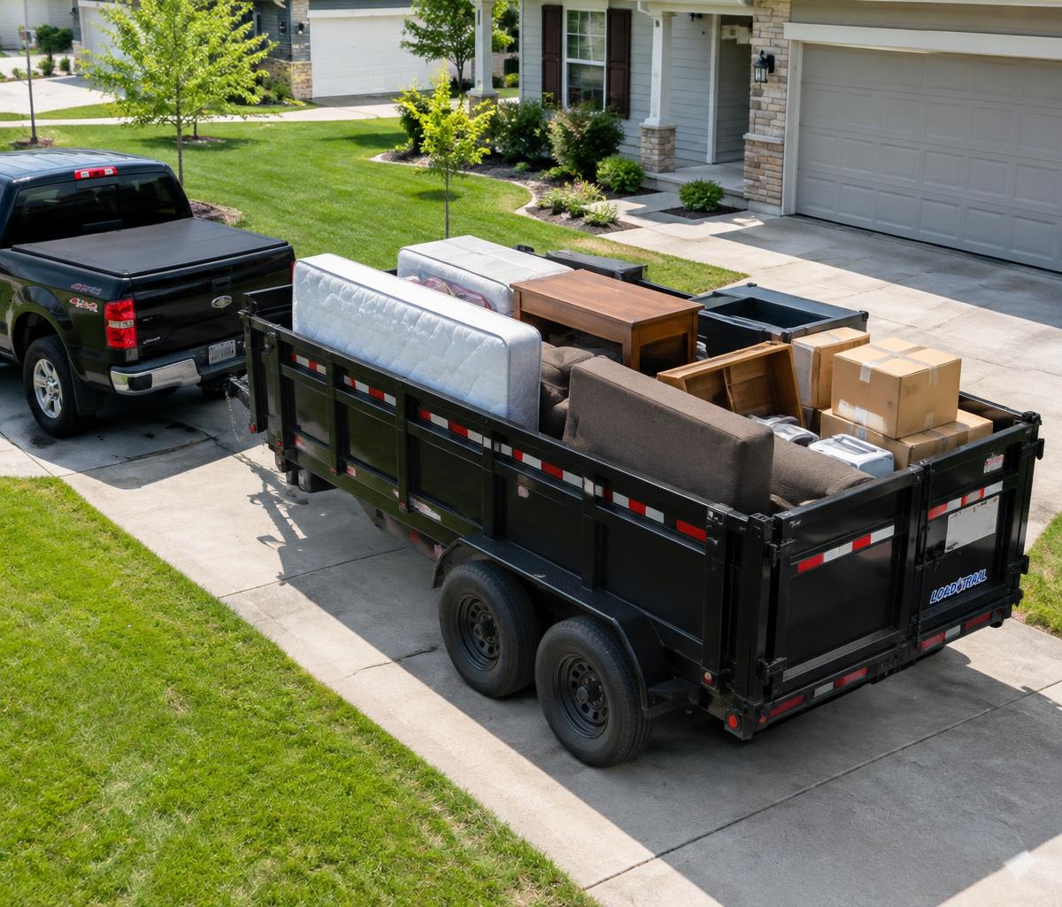 Illustrative hauling trailer loaded with junk, parked in a residential driveway